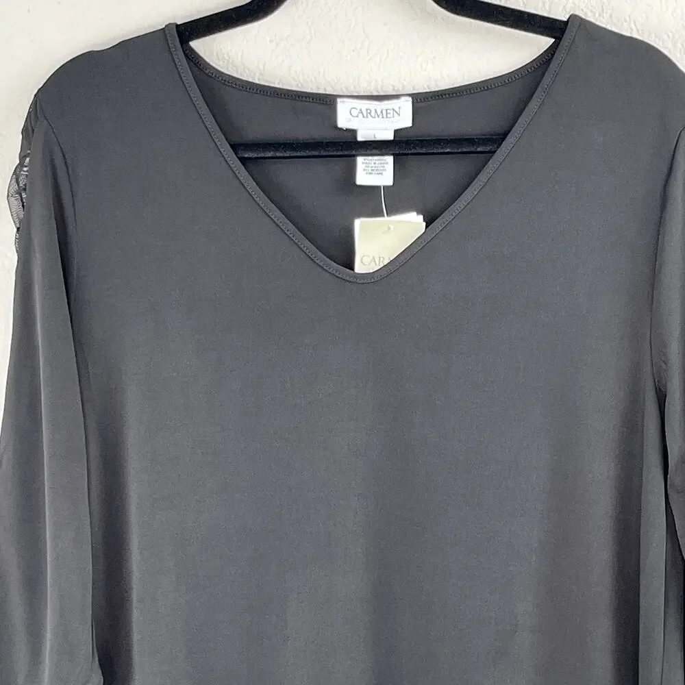 Carmen Marc Valvo Black V-Neck Sheer Mesh Sleeve Blouse NWT Large - Picture 4 of 11
